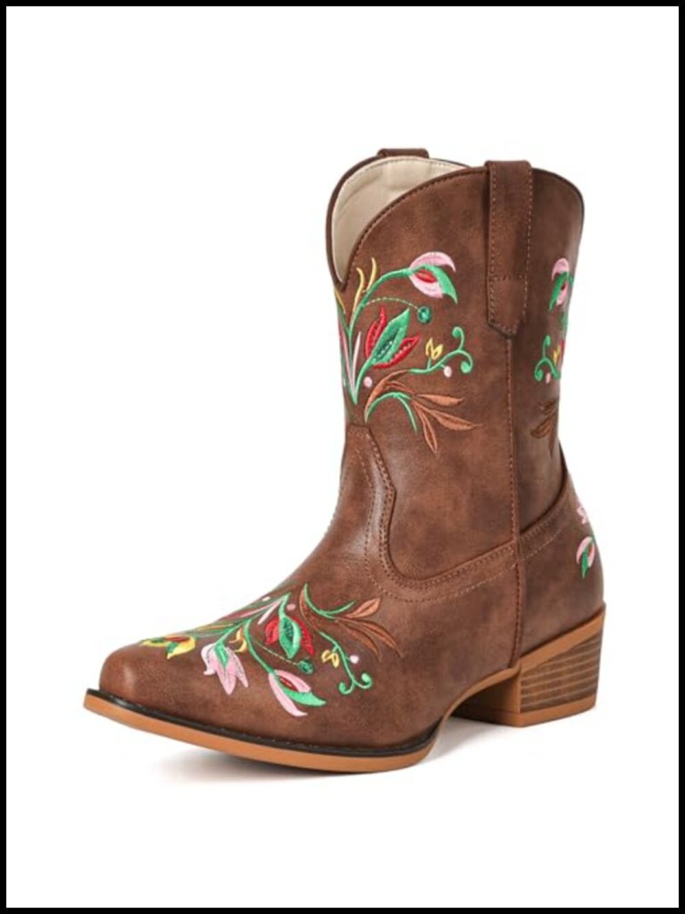 Western Cowboy Ankle Boots Faux Leather Floral Embroidered Block Heel Women